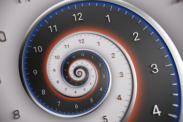 Abstract modern white and black spiral clock dial with arabic numerals. Concept of Infinite time,...