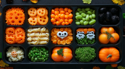 Kids school lunch ideas with pasta, carrot, mashed potatoes, fruits, peas, salad and fruits for Halloween 