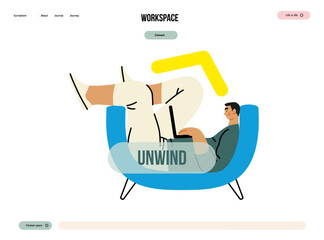 Creative workspace, modern flat vector concept illustration of a man working laying down with a computer Remote work, flexibility, independence, efficiency, mobility, synergy, freedom