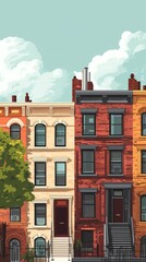 Street Landscape with New York Apartment Building Facades, Shops, and Bars, Flat Anime Style Illustration for Phone Background Wallpaper, City Poster, Skyline Silhouette