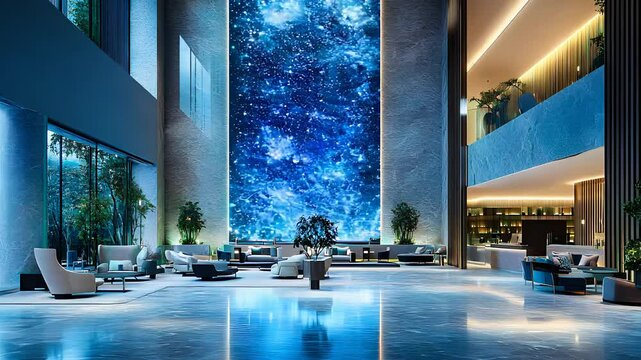 Luxurious modern hotel lobby with stunning digital wall art futuristic interior design elegant architecture ambient lighting