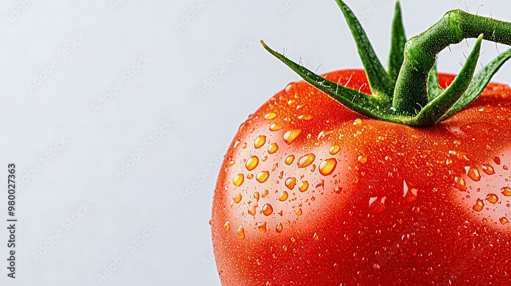 Poster close-up of a red tomato with droplets of water on its surface, and a green stem protruding from the