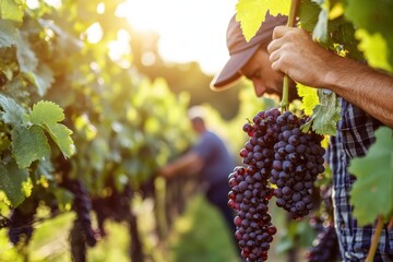A man is working in a vineyard on a sunny day