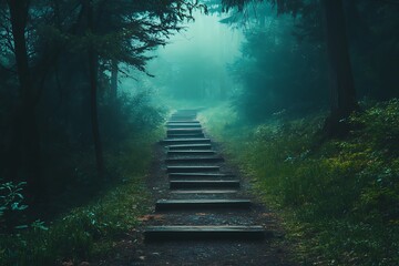 Mysterious wooden stairs leading up into a foggy forest. A path into the unknown, danger, or discovery.