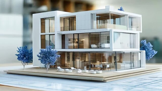 Modern architectural house model with detailed design blueprints luxury residential project contemporary building concept