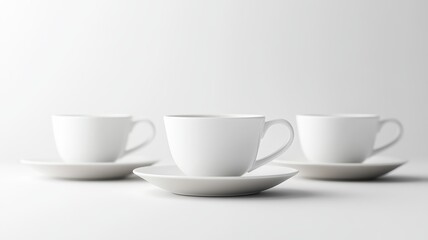 Fototapeta premium Minimalist white coffee cups on matching saucers, filled with coffee, against a neutral background.