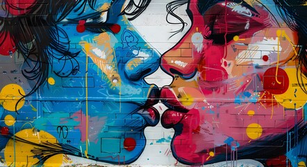 Artistic expression on concrete. Graffiti drawing of a kiss close-up.