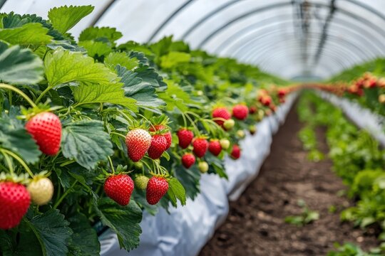 A plastic covered structure with extended lines of strawberry plants