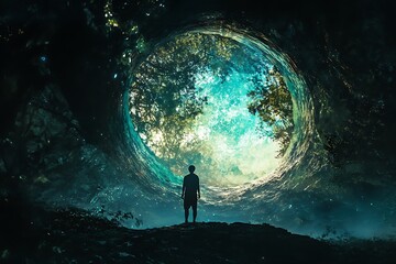 Fototapeta premium Silhouette of a man looking up at a glowing celestial sphere in a dark night sky, representing awe, wonder, and the vastness of the universe