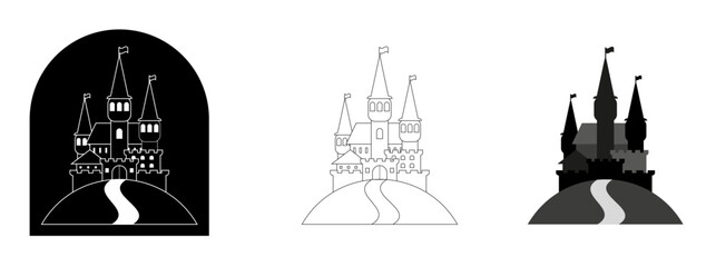 conjunto de iconos de castillo en blanco y negro, silueta, arte vectorial para tienda virtual, sitio web, app, folleto y diseño grafico. 