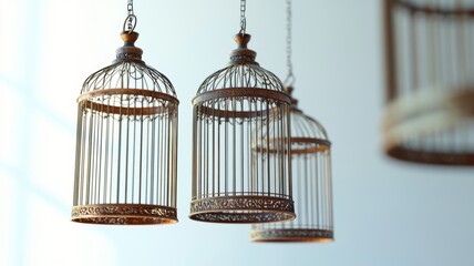 Obraz premium A close-up of empty vintage birdcages with intricate metal designs, hanging from chains, creating a nostalgic and decorative aesthetic.