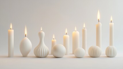 A peaceful arrangement of white candles of various sizes glowing softly in natural light, creating a calm and serene atmosphere with gentle shadows.