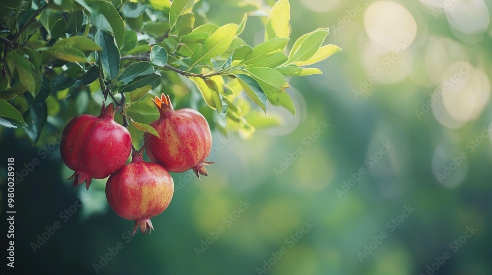 Sticker a pomegranate cluster dangling on a leafy tree with sunlight filtering through the foliage