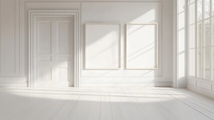 Fototapeta premium A bright, minimalist room featuring white walls, an elegant door, and soft sunlight streaming through large windows, creating a serene atmosphere.