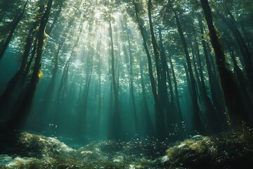 Obraz premium Sunbeams shining through underwater forest scene with trees and rocks