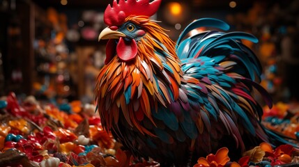 Vibrant Rooster with Colorful Confetti.