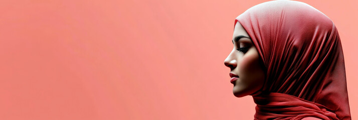 World Hijab Day. Muslim woman in a pink hijab on a pink background. Arab woman. Happy World Women's Day in Hijab. Beautiful girl with closed eyes in a headscarf. Horizontal banner. Free space for text