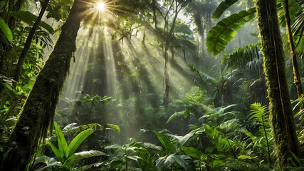 a tropical rainforest canopy with sunlight filtering through the dense foliage. with rich greens, hanging vines, and occasional splashes of color from tropical flowers. Birds or butterflies