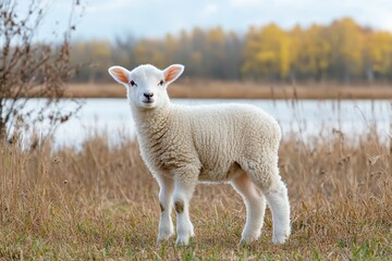 Obraz premium A white lamb gazing in a field