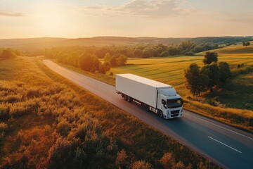 A white delivery truck travels on a rural road at sunset