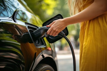 Obraz premium A woman s hand connects a power cable to charge an eco friendly electric car