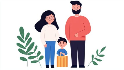 Family reducing discretionary spending, focusing on essentials, flat design illustration