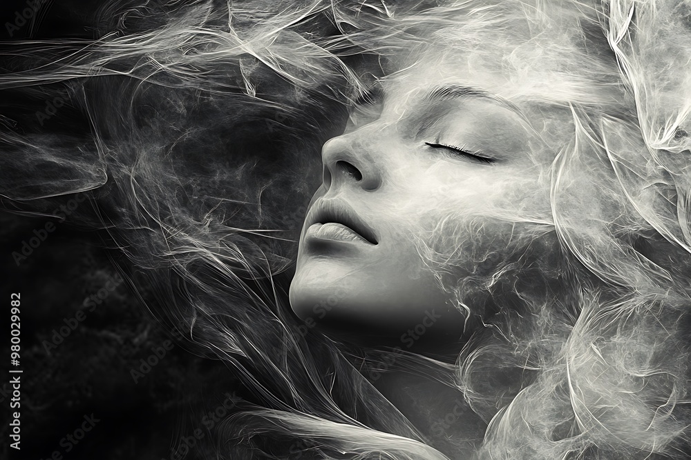 Canvas Prints Mystical Dreamlike Woman Surrounded by Smoke and Mist in Black and White