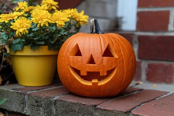 Jack O Lantern With Yellow Flowers