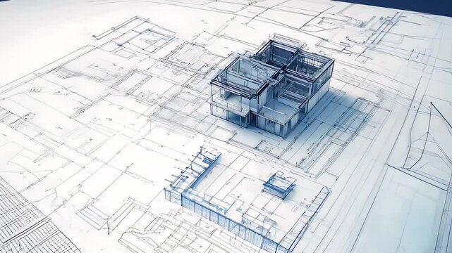 Architectural blueprint design with 3D building model detailed engineering plan construction structure project layout