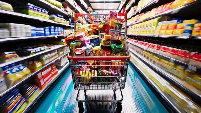 Shopping cart filled with groceries in supermarket aisle fast moving perspective retail consumer goods food products shopping
