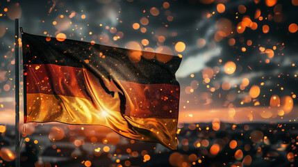 German flag with blurred epic bokeh fireworks on background, german unity day, with space for greetings copy