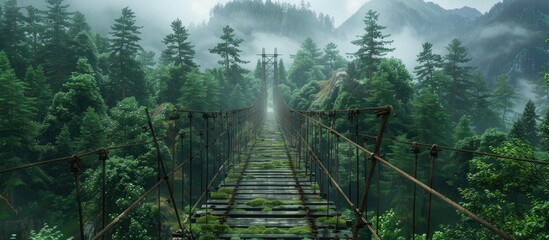 Obraz premium Mystical suspension bridge winding through a dense misty forest landscape