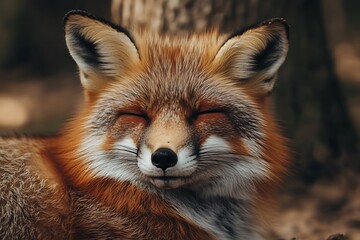 Naklejka premium Cute red fox smiling with eyes closed. Wildlife animal portrait.