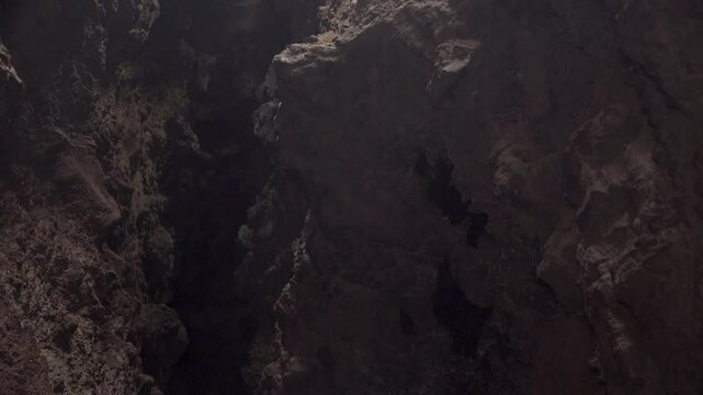 A colony of bats hanging upside down in a cave fly away