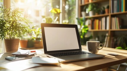 A sleek laptop on a wooden table, notes and coffee nearby, inspires creativity in a cozy workspace.
