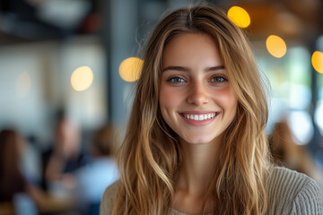 Smiling Woman with Blonde Hair and Green Eyes in a Cafe