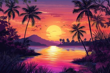 Obraz premium Tropical Sunset over a Calm Ocean with Silhouetted Palm Trees