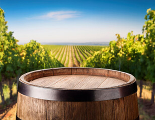 Fototapeta premium Empty wooden wine barrel on vineyard in Tuscany, Italy. Copy space for your product design