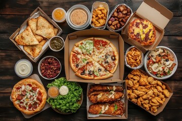 Aerial view of a table featuring diverse fast foods like burgers pizza and fried chicken set against a dark wooden surface