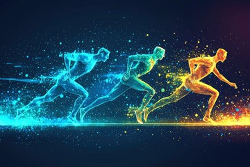 Fototapeta premium Three Abstract Runners in Motion with a Glowing Trail