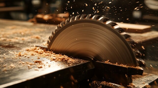 Close-up of a circular saw in a woodworking industry. High-quality circular saw for cutting wood in a woodworking shop.