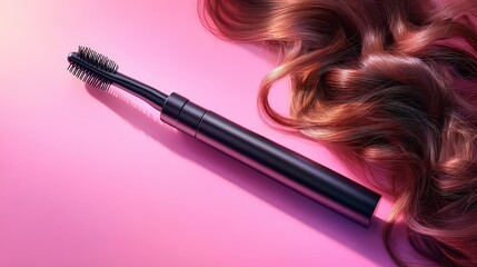 Naklejka premium Stylish hairbrush placed on a vibrant background next to soft flowing locks, representing daily haircare essentials.