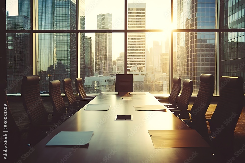 Wall mural Empty conference room with large window overlooking city skyline, business meeting, office, corporate, negotiation