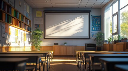 Sunlight fills modern classroom with projector, organized desks, green plants, bookshelves, creating focused, peaceful learning environment.