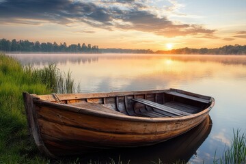 Obraz premium aged timber vessel by the lake at dawn in summer