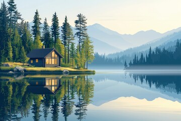 Fototapeta premium A Cabin Nestled in a Mountain Forest by a Tranquil Lake