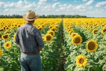 Fototapeta premium Agriculturalist inspecting sunflowers Business harvesting organic farming idea