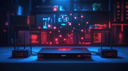 Obraz premium High-tech wireless router glowing with red digital lights, symbolizing advanced network connectivity, communication, and future technology.