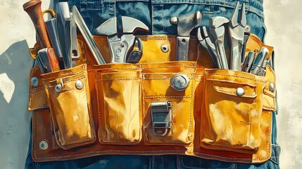  detailed illustration of a tool belt filled with tools, representing practicality and readiness for construction or repair work.