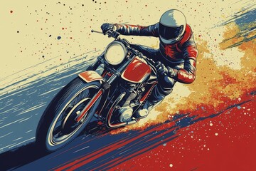 Motorcycle Rider in Helmet on Retro-Styled Artwork with Red and Blue Color Splashes